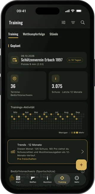 Das Trainings-Logbuch auf dem iPhone mit Trainingsterminen, Aktivitätskarte und dem Stand des Bedürfnisnachweises