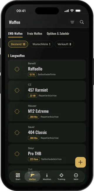 Die Waffenliste auf dem iPhone, nach Lang- und Kurzwaffen gruppiert, jede mit Kaliber und Bauart