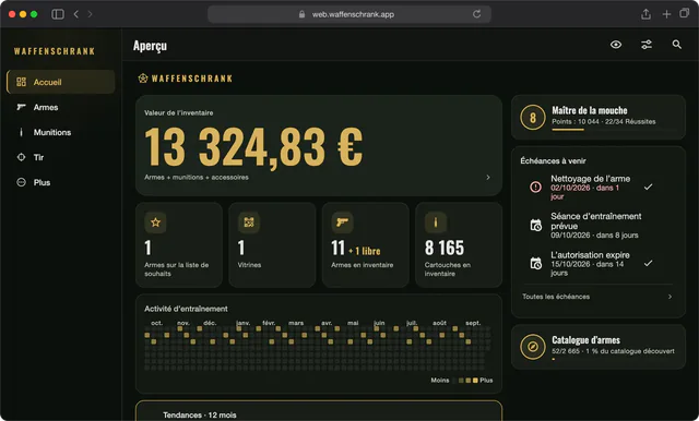 L’aperçu dans le navigateur : valeur de la collection, nombre d’armes, cartouches en stock et prochaines échéances côte à côte