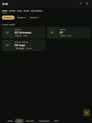 L’elenco delle armi su iPad, ogni arma con calibro e tipo